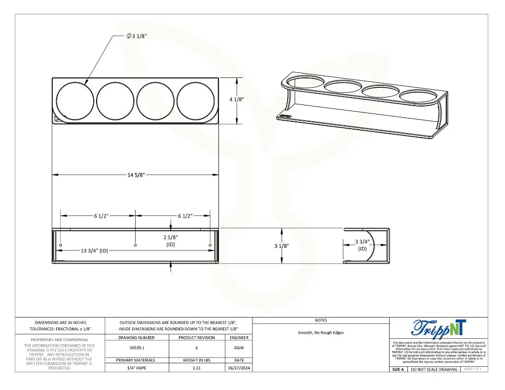 TrippNT 50539 — engineering drawing with dimensional callouts (14.625 x 3.125 x 4.125 inches WHD) and bottle circle-slot positions