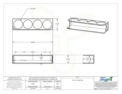 TrippNT 50539 — engineering drawing with dimensional callouts (14.625 x 3.125 x 4.125 inches WHD) and bottle circle-slot positions