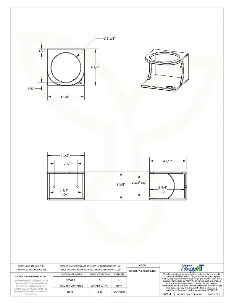 TrippNT 50569 — engineering drawing with dimensional callouts (4 x 3.125 x 4.125 inches WHD)