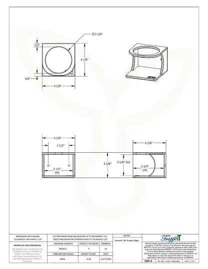 TrippNT 50569 — engineering drawing with dimensional callouts (4 x 3.125 x 4.125 inches WHD)