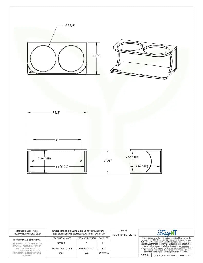 TrippNT 50570 — engineering drawing with dimensional callouts (7.5 x 3.125 x 4.125 inches WHD)