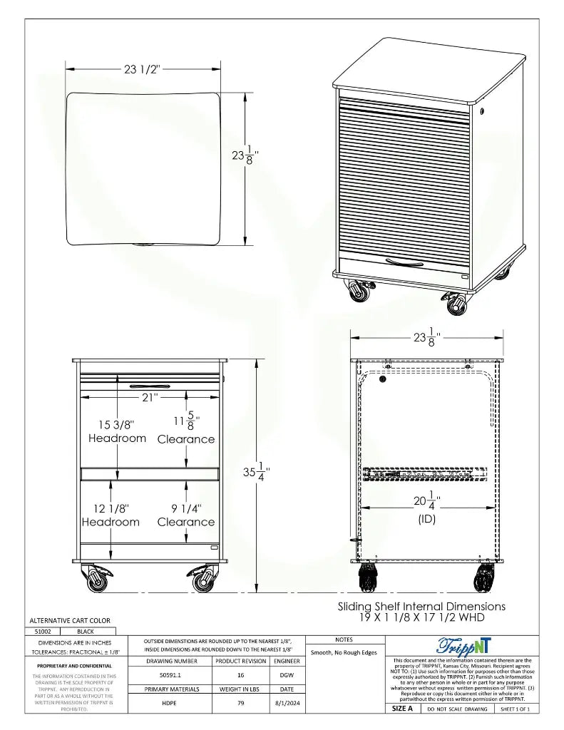 TrippNT 50591 Maui Lab Island Cart - Engineering Drawing Rev 16 with Full Dimensions