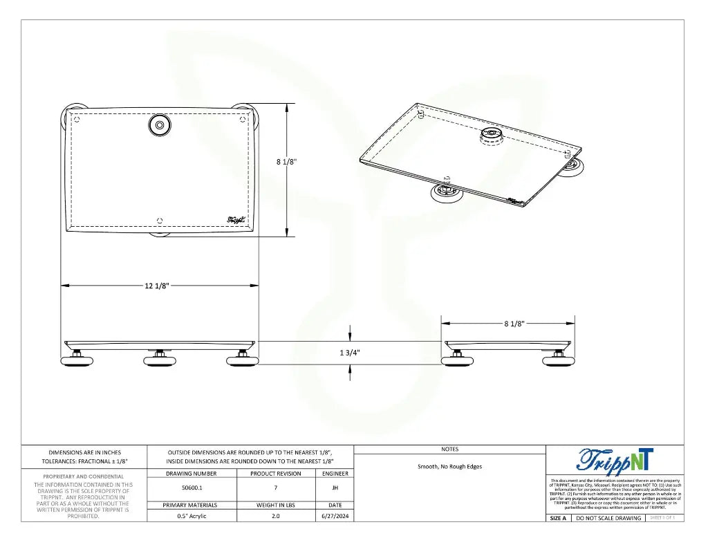 TrippNT 50600 — engineering drawing with dimensional callouts (12.25 x 1.75 x 8.25 inches WHD) and leg positions