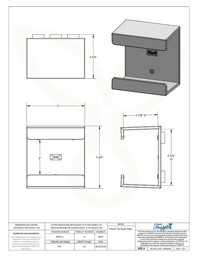 TrippNT 50653 Small Kimwipe Holder Magnet Mount - Engineering Drawing Rev 9