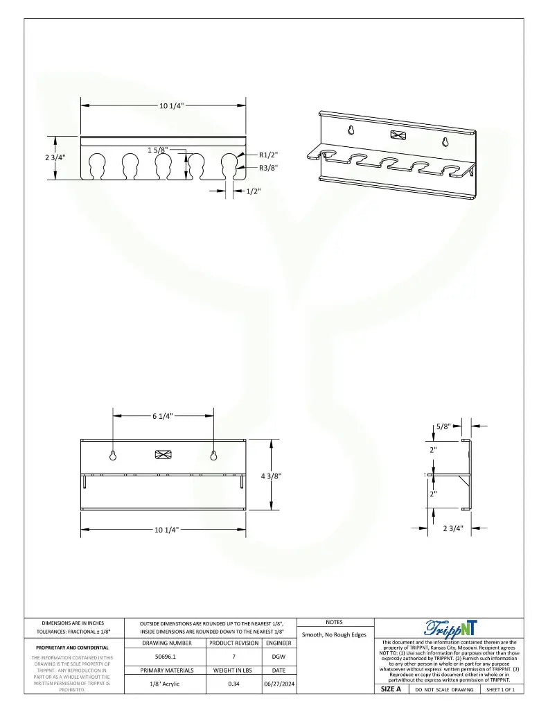 TrippNT 50696 5-Slot Wall Mounted Pipette Holder Engineering Drawing Dimensions