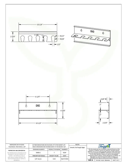 TrippNT 50696 5-Slot Wall Mounted Pipette Holder Engineering Drawing Dimensions