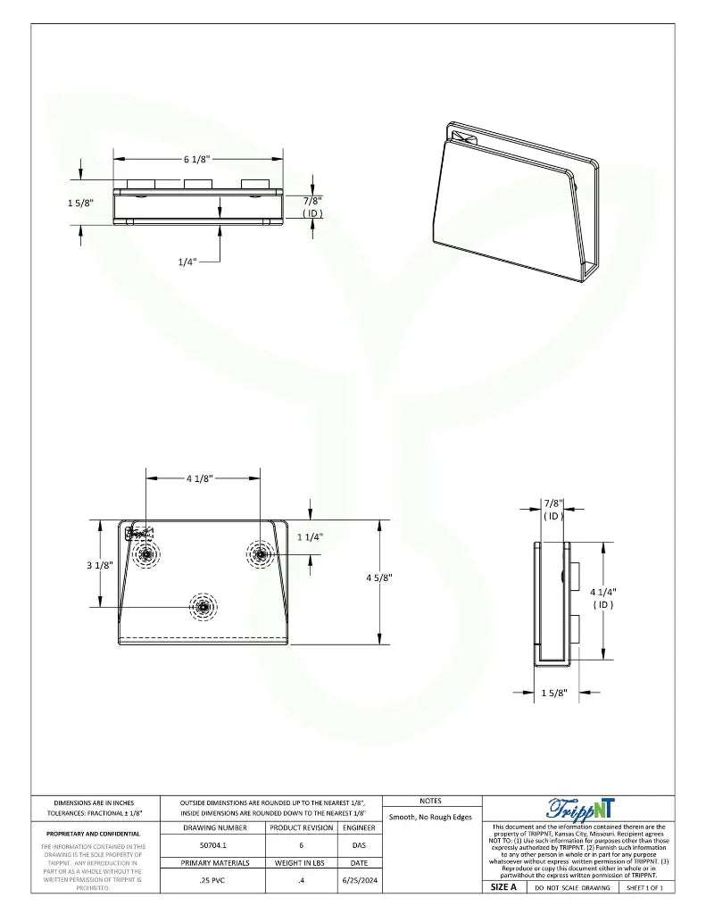 TrippNT 50704 — engineering drawing with dimensional callouts (6.125 x 4.625 x 1.625 inches WHD)