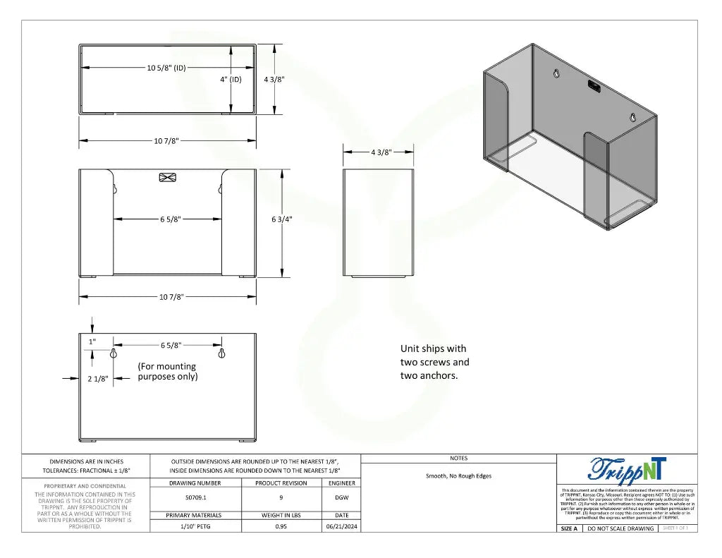 TrippNT 50709 — engineering drawing with dimensional callouts (10.875 x 6.75 x 4.375 inches WHD)