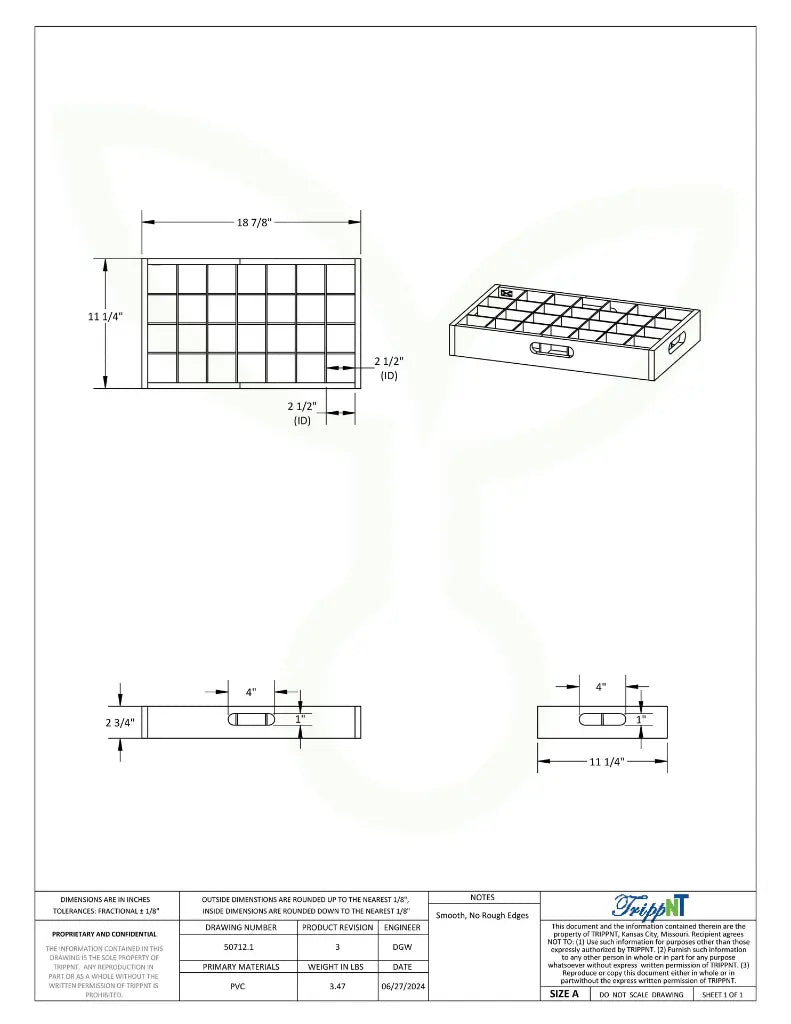 TrippNT 50712 Adjustable Bottle Rack - Engineering Drawing Rev 3 with Full Dimensions