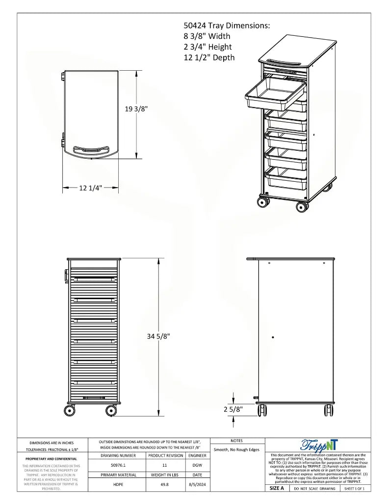 TrippNT 50729 White MRI Narrow Locking Cart Engineering Drawing Dimensions