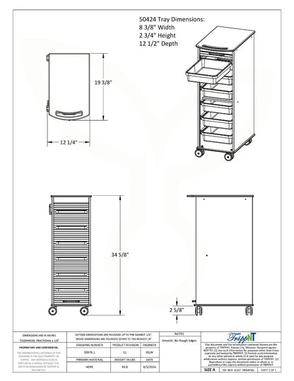 TrippNT 50729 White MRI Narrow Locking Cart Engineering Drawing Dimensions