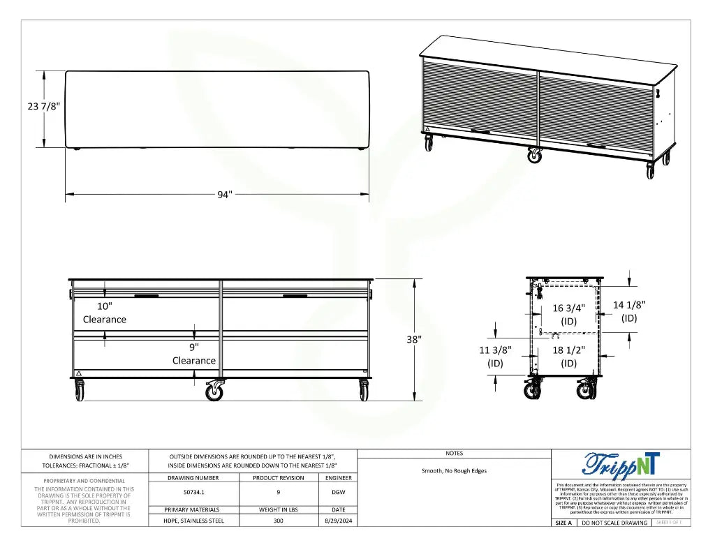 TrippNT 50734 — engineering drawing with dimensional callouts (94 x 38 x 23.875 inches WHD)