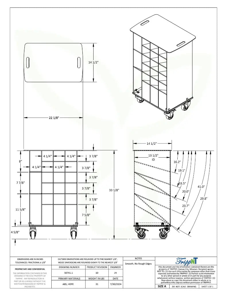 TrippNT 50741 — engineering drawing with dimensional callouts (22.125 x 33.125 x 14.5 inches WHD)