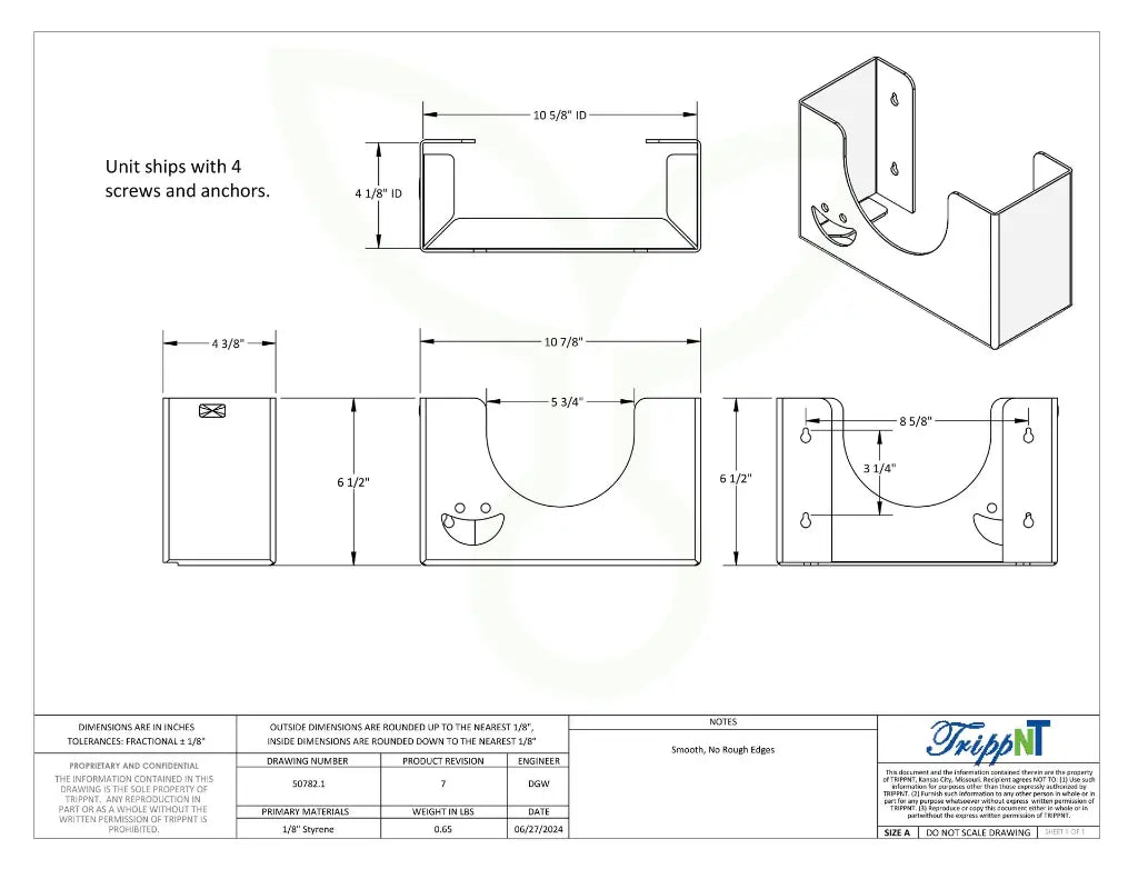 TrippNT 50782 — engineering drawing with dimensional callouts (10.875 x 6.5 x 4.375 inches WHD)