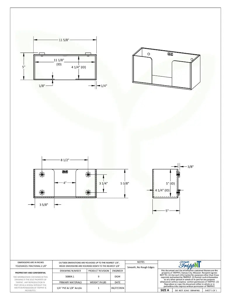 TrippNT 50804 Single Glove Box Holder Clear Front Engineering Drawing Dimensions