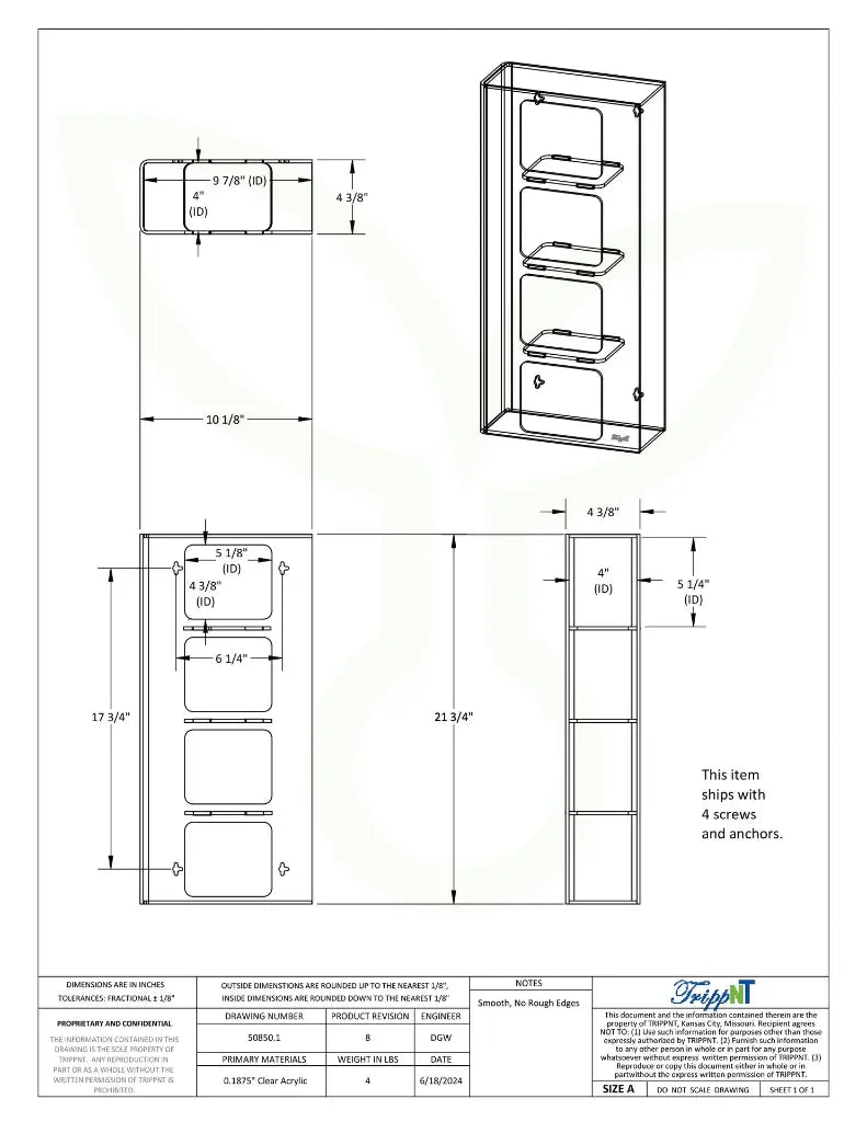 TrippNT 50850 — engineering drawing with dimensional callouts (10.125 x 21.75 x 4.375 inches WHD)