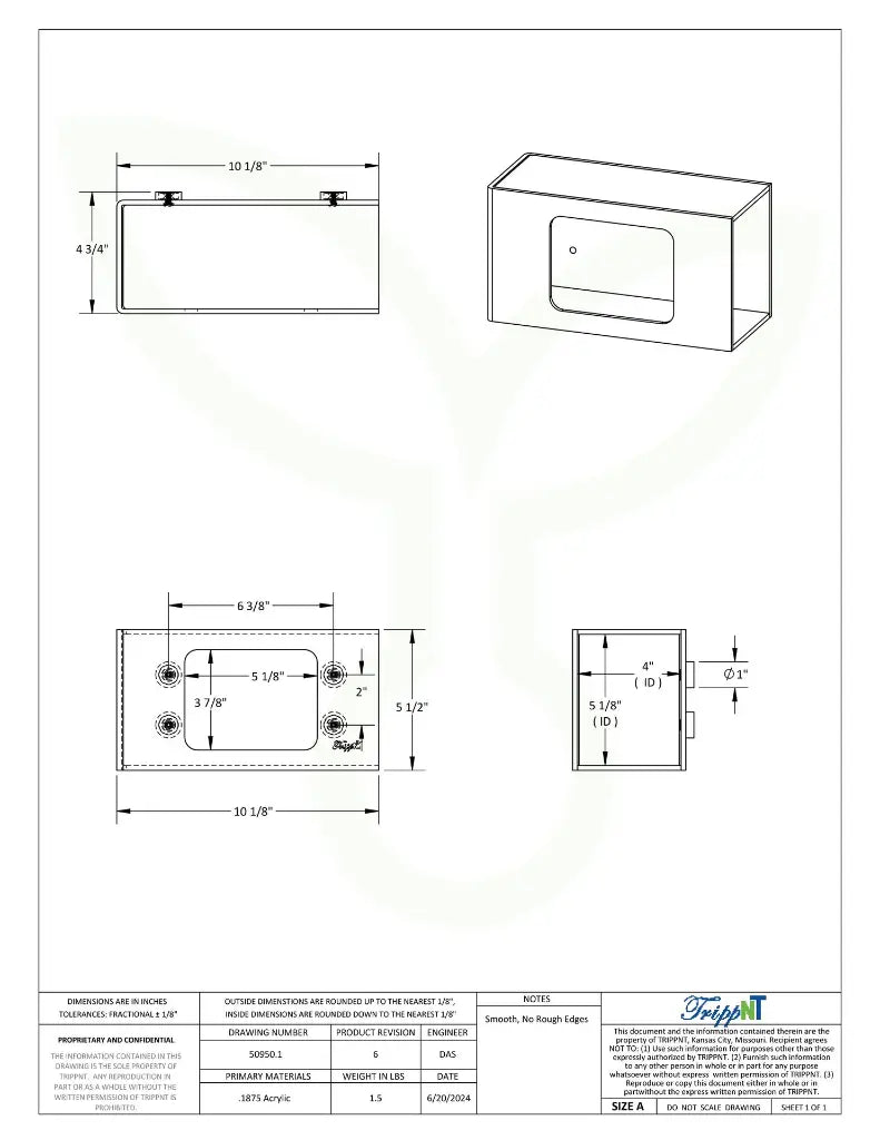 TrippNT 50950 — engineering drawing with dimensional callouts (10.125 x 5.5 x 4.625 inches WHD)