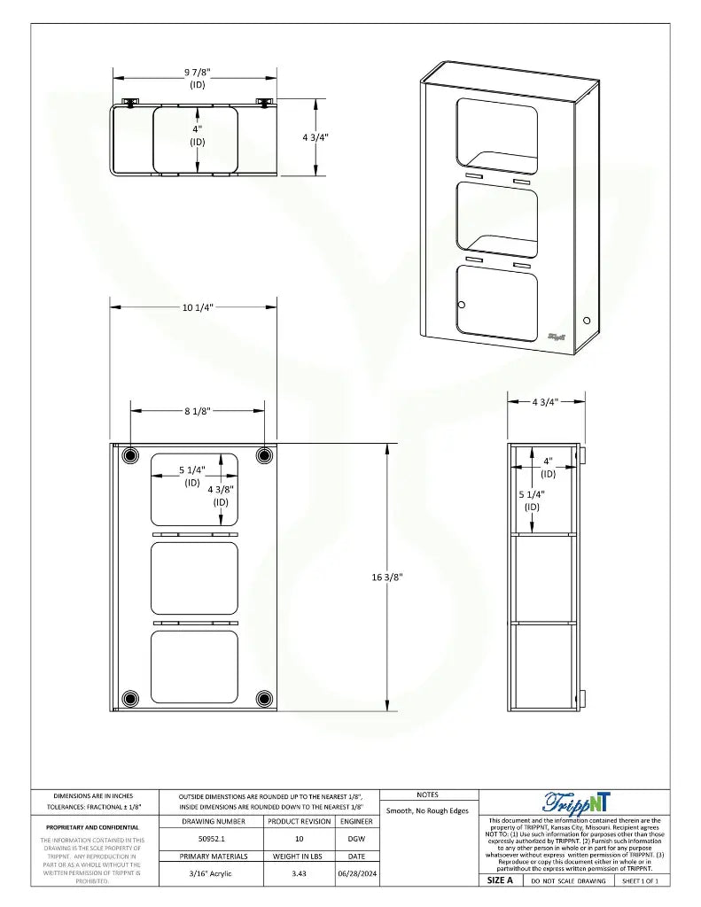 TrippNT 50952 — engineering drawing with dimensional callouts (10.25 x 16.375 x 4.625 inches WHD)