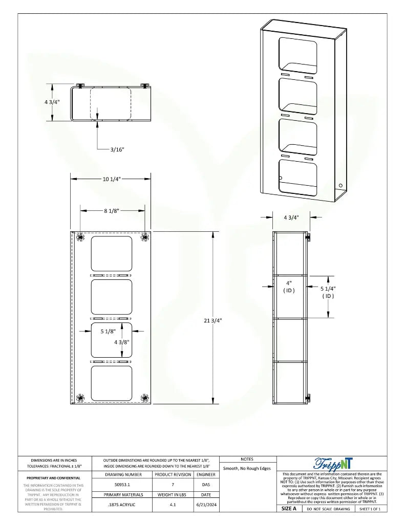 TrippNT 50953 — engineering drawing with dimensional callouts (10.125 x 21.75 x 4.625 inches WHD)