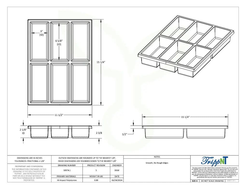 TrippNT 50974 — engineering drawing with dimensional callouts (11.5 x 2.375 x 15.25 inches WHD)