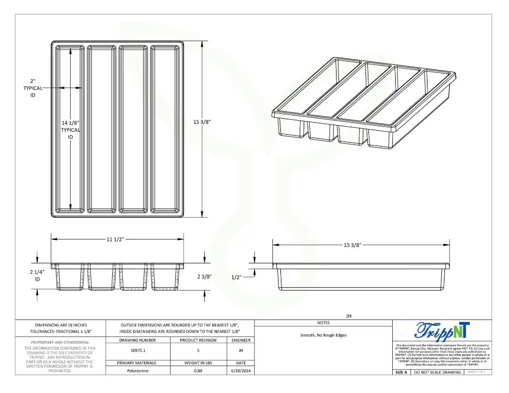 TrippNT 50975 4 Long Compartment Drawer Organizer - Engineering Drawing Rev 5 with Dimensions