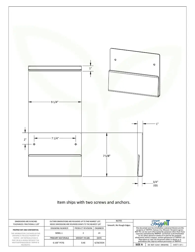 TrippNT 50981 — engineering drawing with dimensional callouts (9.25 x 7.25 x 1 inch WHD)