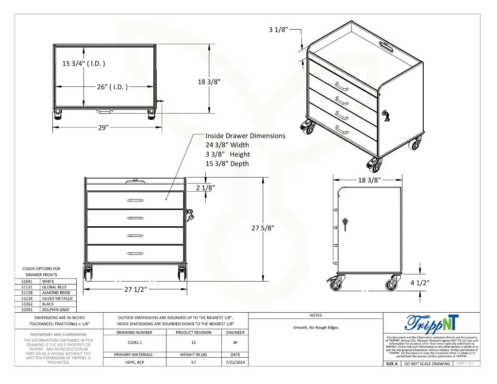 TrippNT 51139 Extra Wide Compact Cart Metallic Silver Drawers Engineering Drawing