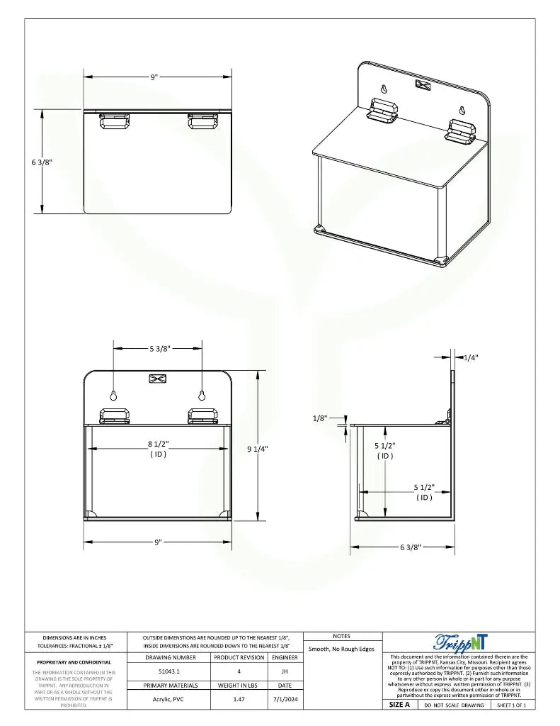 TrippNT 51043 Large Lab Box with Lid Engineering Drawing Dimensions