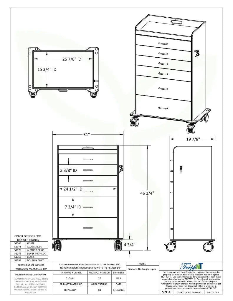 TrippNT 53593 — engineering drawing with dimensional callouts (31 x 46.25 x 19.875 inches WHD)