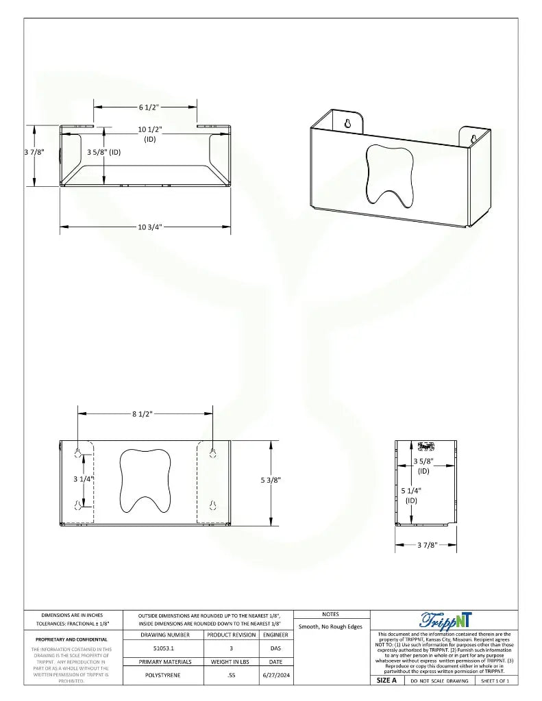TrippNT 51053 Single Tooth Glove Box Dispenser - Engineering Drawing Rev 3