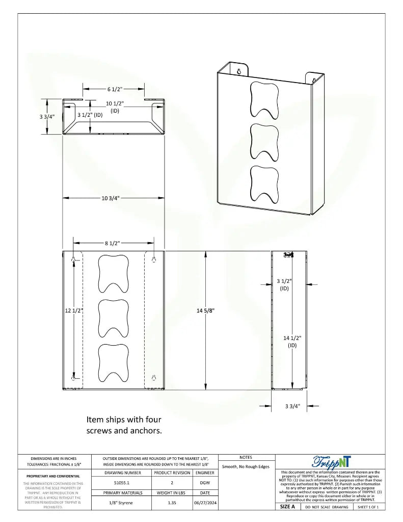 TrippNT 51055 Triple Tooth Glove Box Dispenser - Engineering Drawing Rev 2 with Dimensions