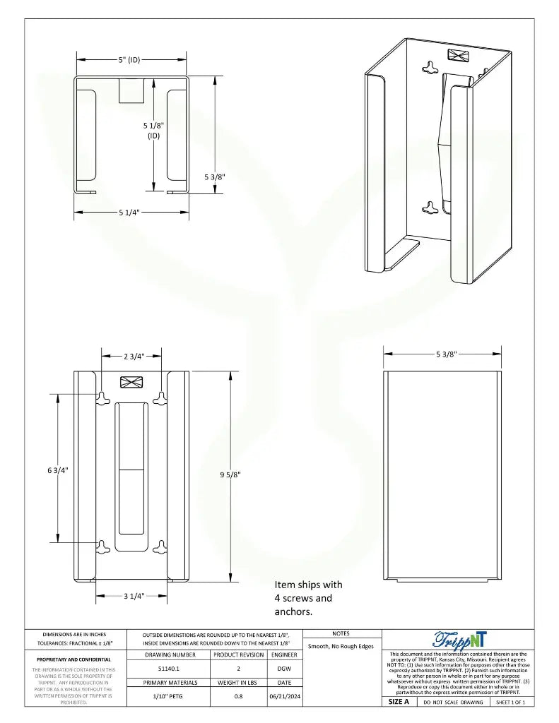 TrippNT 51140 — engineering drawing with dimensional callouts (5.25 x 9.625 x 5.375 inches WHD)