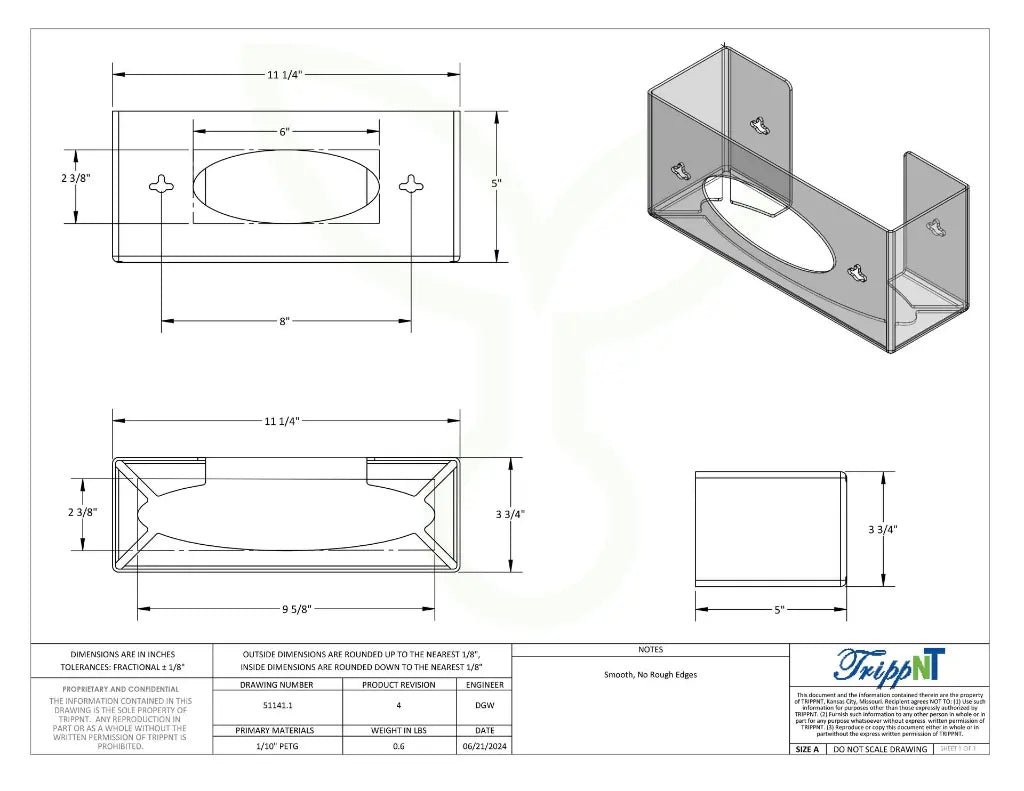 TrippNT 51141 Single 2 Sided Glove Box Dispenser Engineering Drawing Dimensions