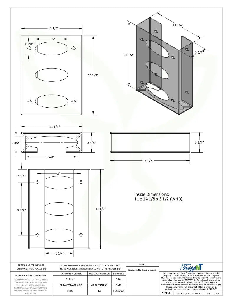 TrippNT 51145 Triple 2 Sided Glove Box Dispenser Engineering Drawing Dimensions