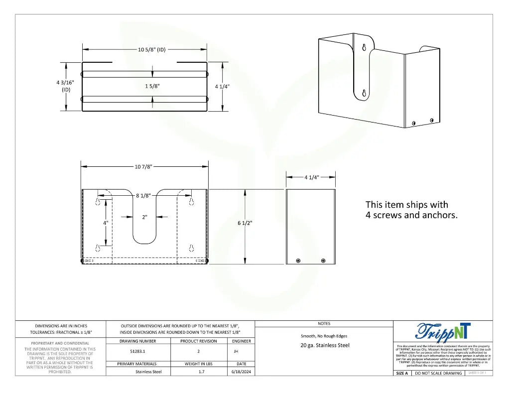 TrippNT 51283 Stainless Steel Dual Dispensing Paper Towel Holder Engineering Drawing Dimensions