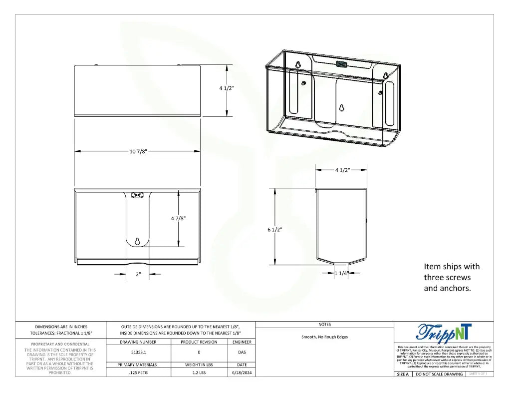 TrippNT 51353 Wide Single Paper Towel Holder Engineering Drawing Dimensions