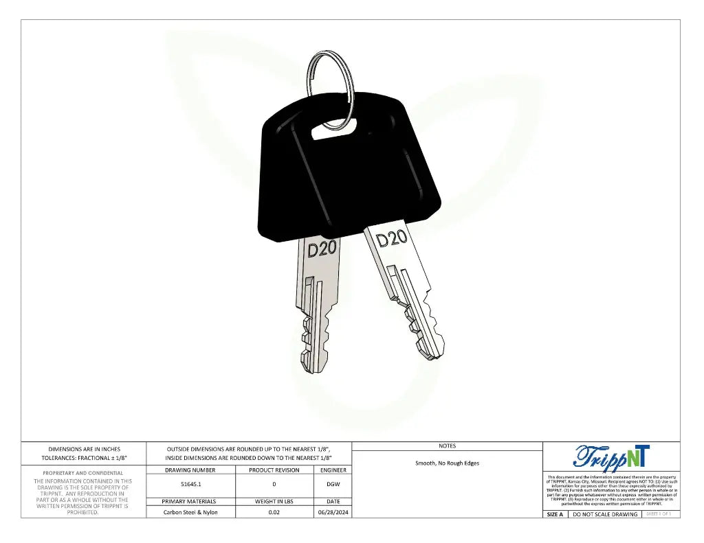 TrippNT 51645 D20 Cart Keys - Key Drawing Rev 0 Showing D20 Key Profile and Dimensions