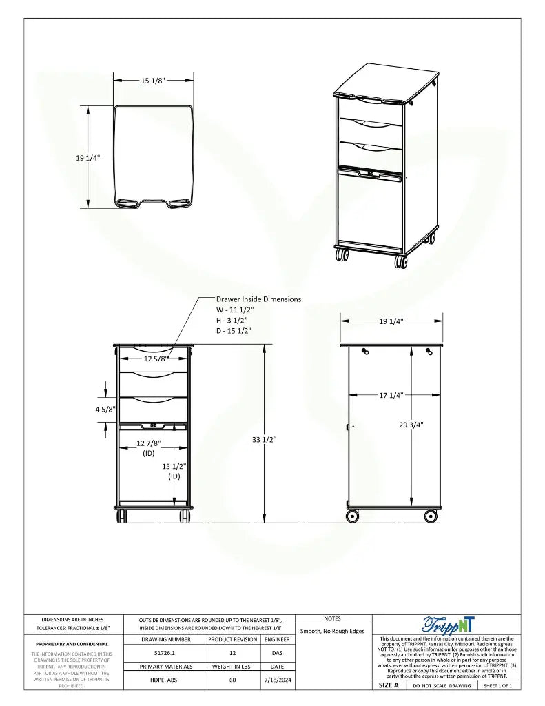 TrippNT 51726 White MRI Core SP Cart Engineering Drawing Dimensions