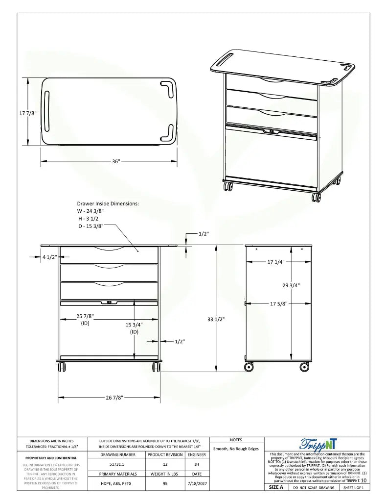 TrippNT 51731 MRI Extra Wide Core Cart - Engineering Drawing Rev 12 with Full Dimensions