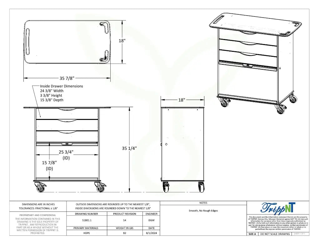 TrippNT 51801 Extra Wide Core Cart Engineering Drawing Dimensions