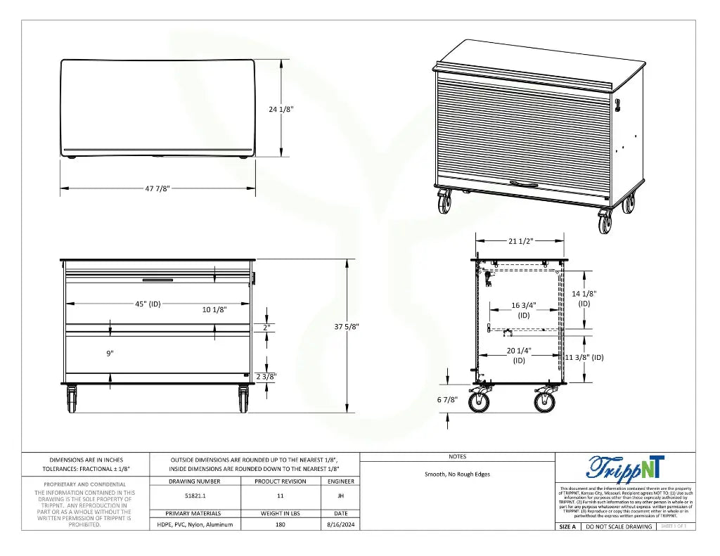 TrippNT 51821 White MRI Cayman Lab Island Cart Engineering Drawing Dimensions
