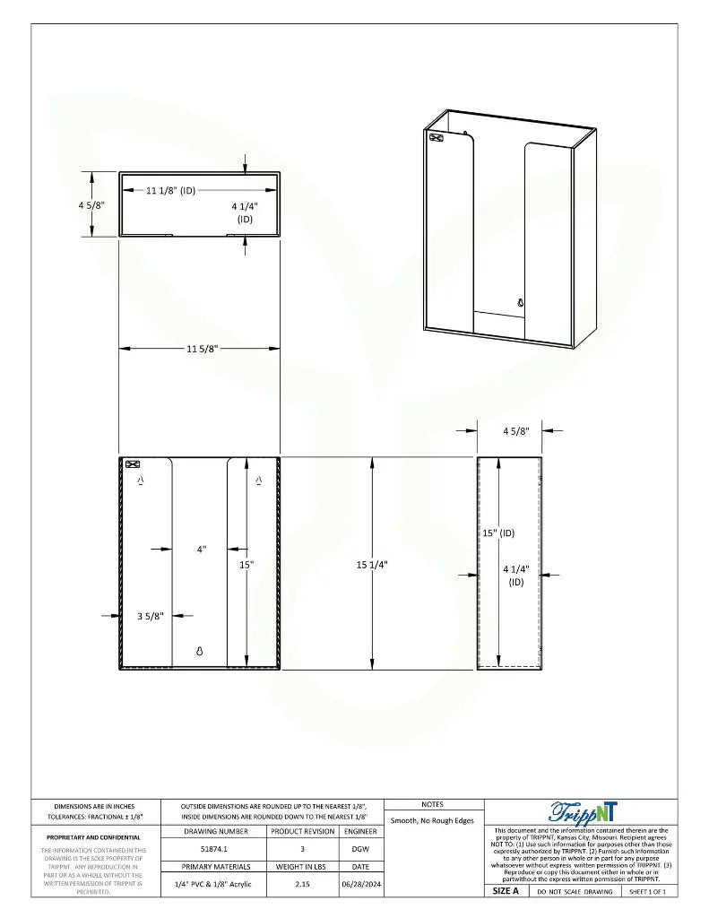 TrippNT 51874 MRI Triple Glove Box Holder - Engineering Drawing Rev 3 with Full Dimensions