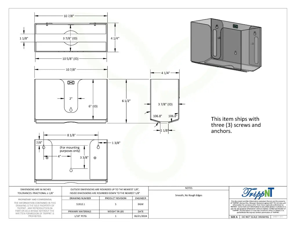 TrippNT 51912 Wide Clear Dual Dispensing Paper Towel Holder Engineering Drawing Dimensions
