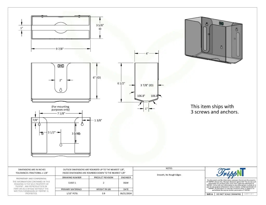 TrippNT 51937 Narrow Clear Dual Dispensing Paper Towel Holder - Engineering Drawing Rev 2