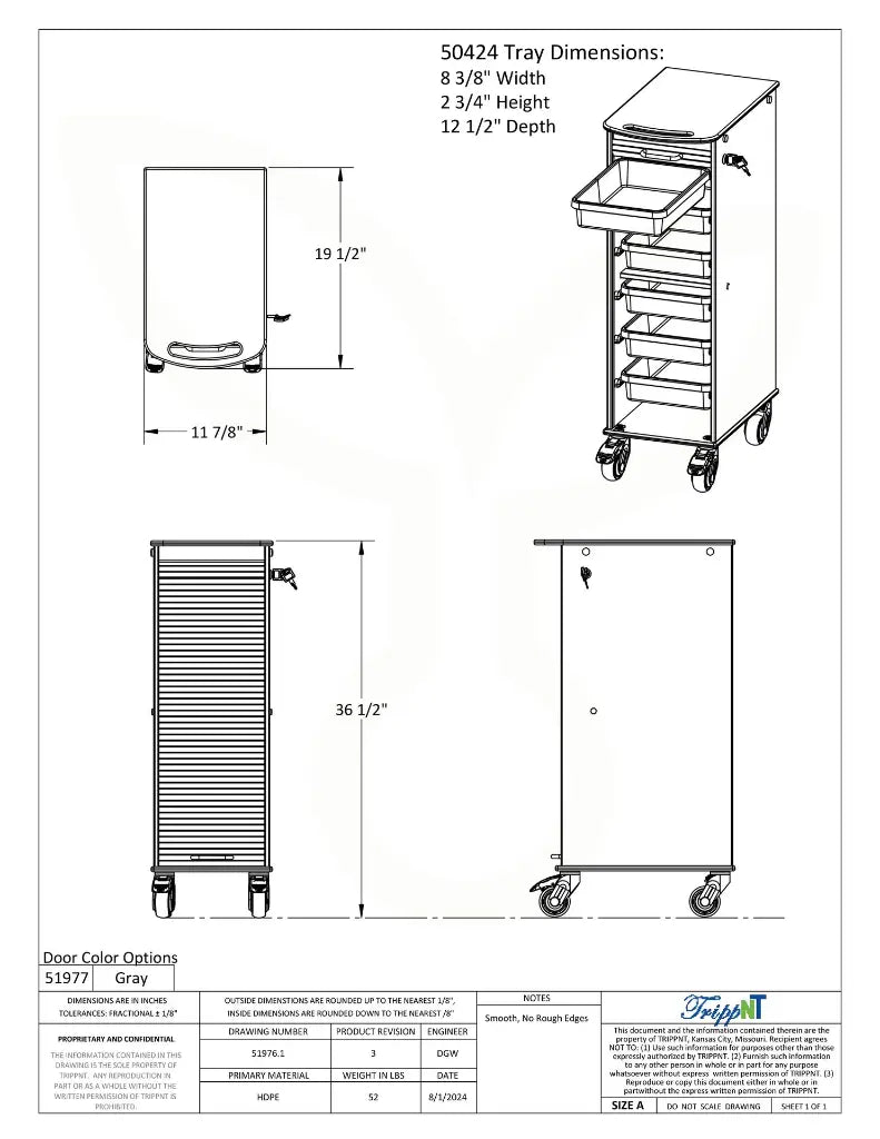 TrippNT 51976 Narrow Locking Cart - Engineering Drawing Rev 3 with Full Dimensions