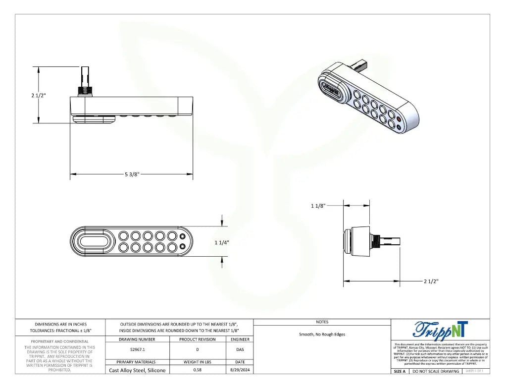 TrippNT 52967 Electronic Key Lock - Engineering Drawing Rev 0 with Mounting Dimensions