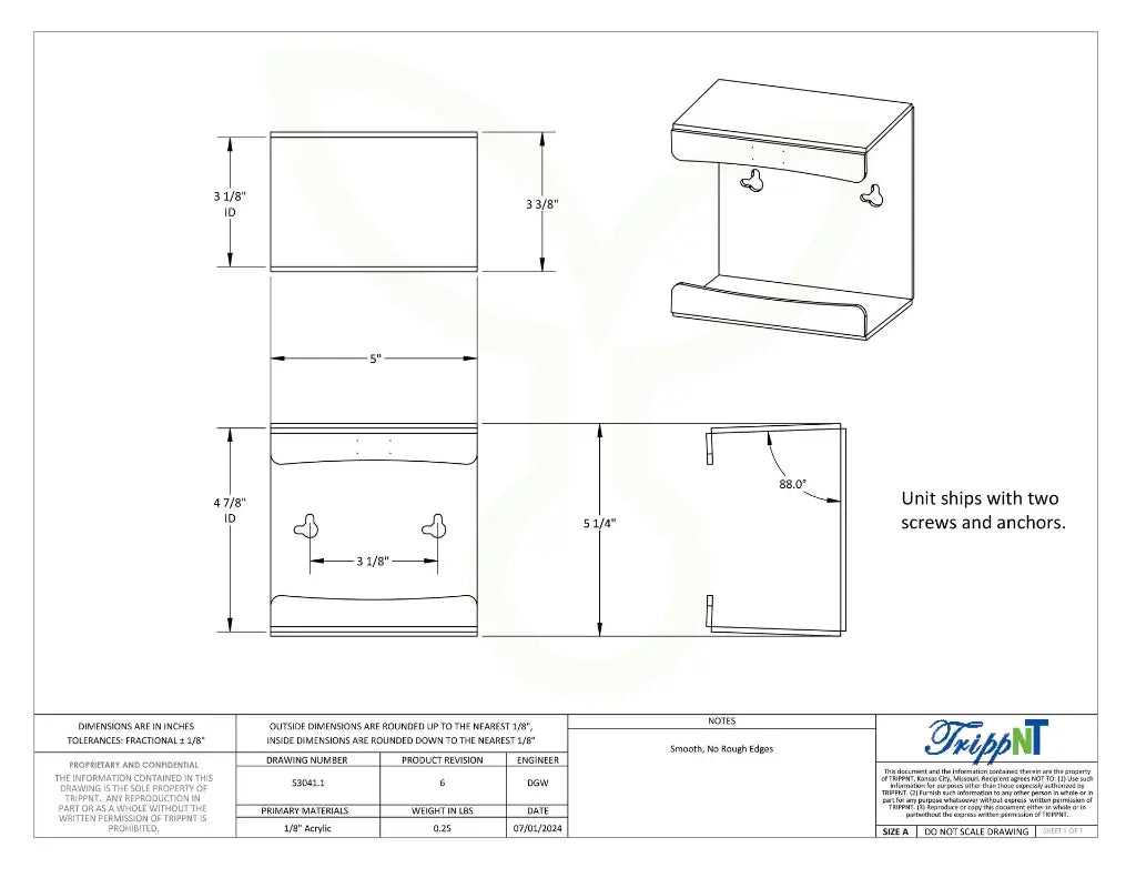 TrippNT 53041 Small Clear Kimwipe Holder - Engineering Drawing Rev 6 with Full Dimensions