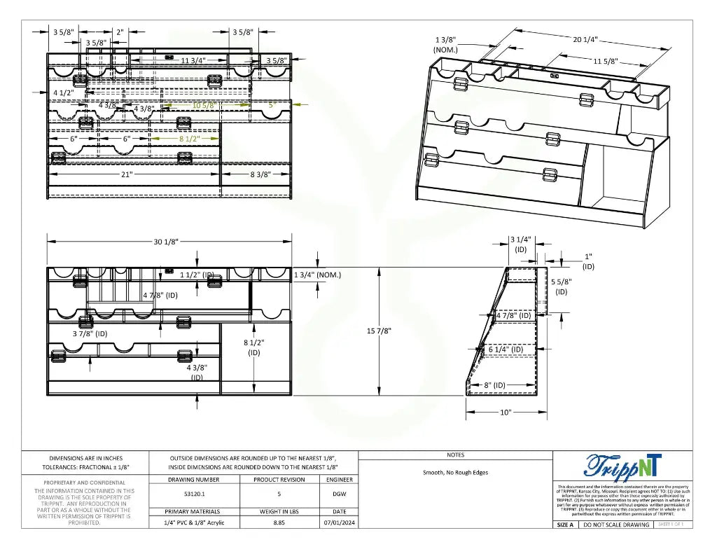TrippNT 53120 Extra Large Benchtop Workstation with Door - Engineering Drawing Rev 5 with Dimensions