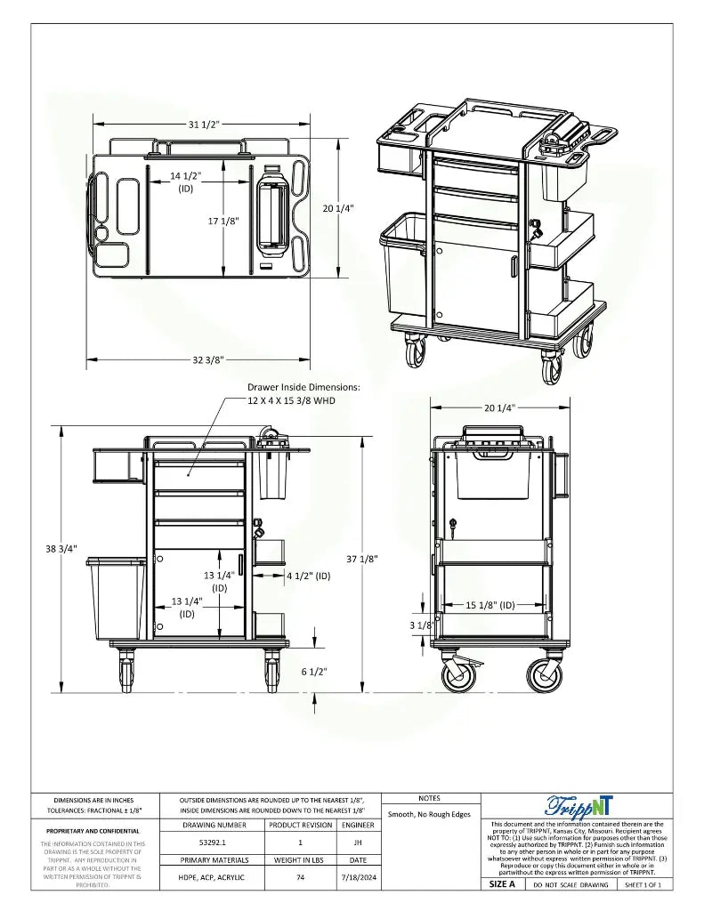 TrippNT 53292 Phlebotomy Pro Mini Cart Engineering Drawing Dimensions
