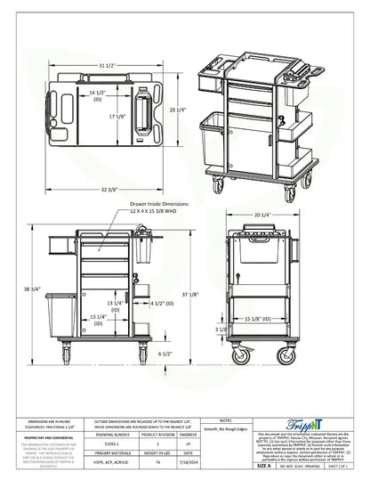 TrippNT 53292 Phlebotomy Pro Mini Cart Engineering Drawing Dimensions